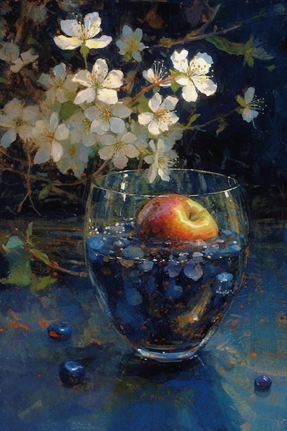 A painting of a glass of apple and flowers