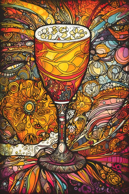 A painting of a glass of beer with a bunch of flowers on it.