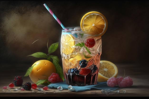 A painting of a glass of fruit with a straw and a straw.