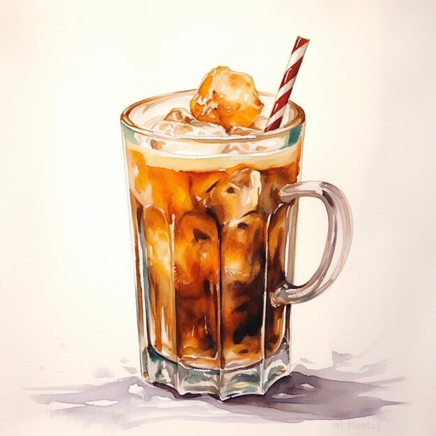 Painting of a glass of iced coffee with a straw and a candy cane generative ai