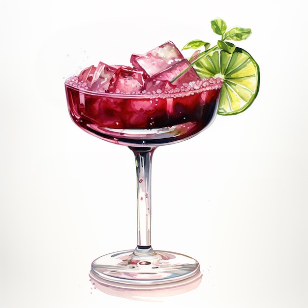 氷とライムを入れた赤い飲み物のグラスの絵生成ai