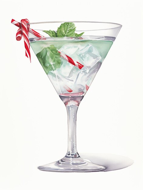 painting of a glass of water with ice and candy cane generative ai