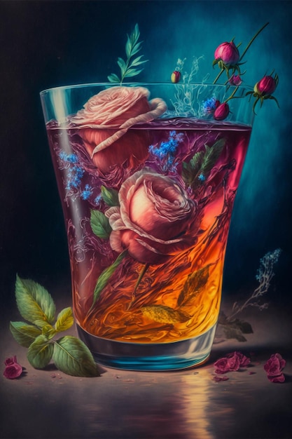 Painting of a glass with flowers in it generative ai