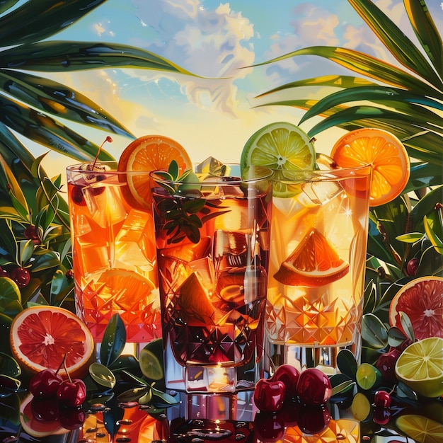 a painting of a glass with oranges and lemons on it