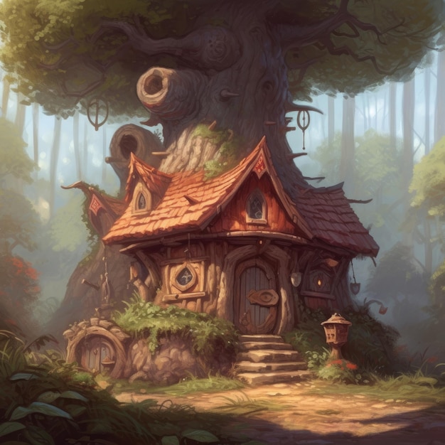 A painting of a gnome house in the woods