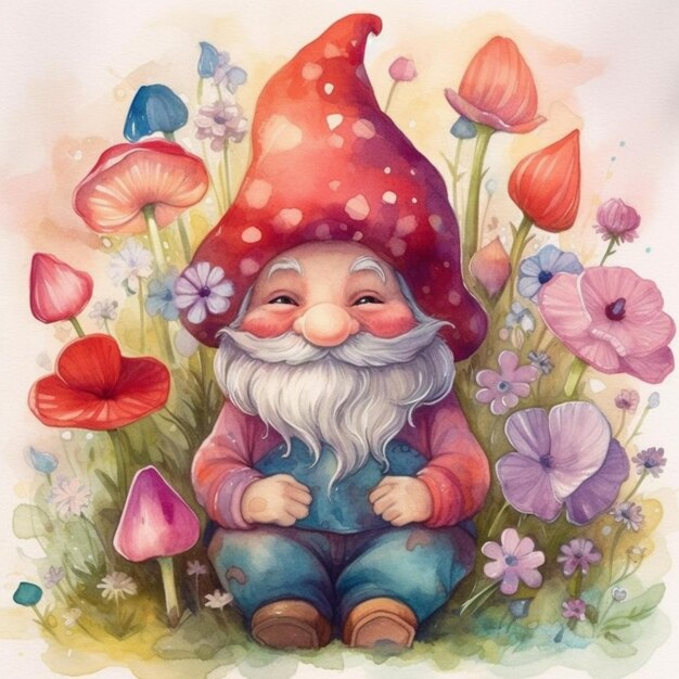 painting of a gnome sitting in a garden with flowers and butterflies generative ai