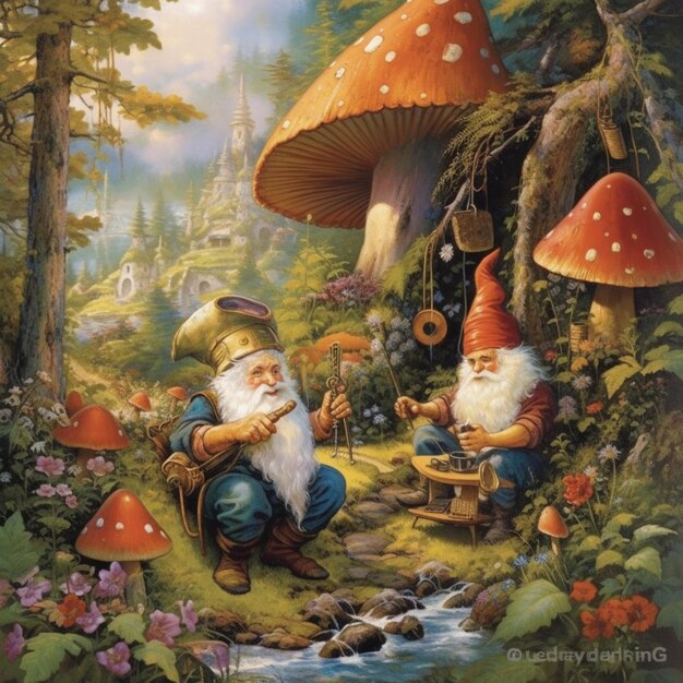 painting of gnomes in a forest with a stream and mushrooms generative ai