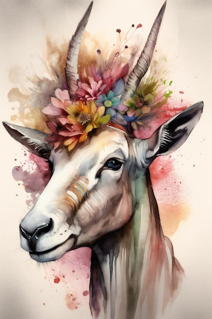 A painting of a goat with a floral crown on its head.