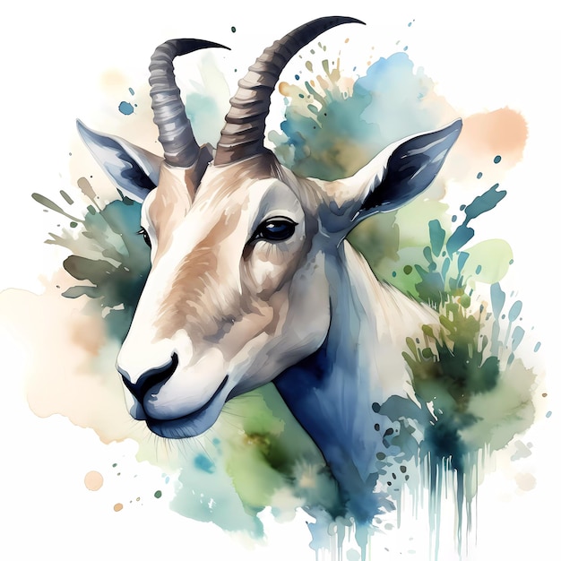 A painting of a goat with horns and a blue background.