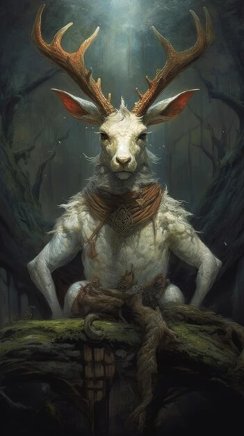 A painting of a goat with horns and horns