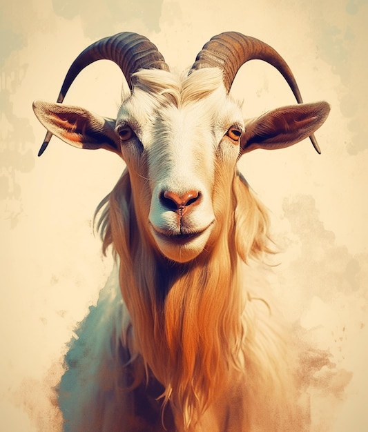 A painting of a goat with horns and a long curly hair.