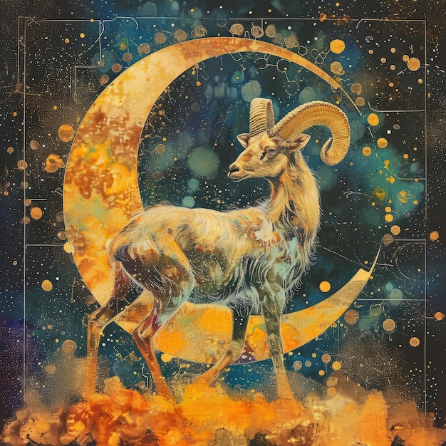 a painting of a goat with horns and a moon