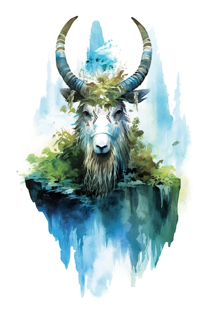 A painting of a goat with horns in the water Generative AI image