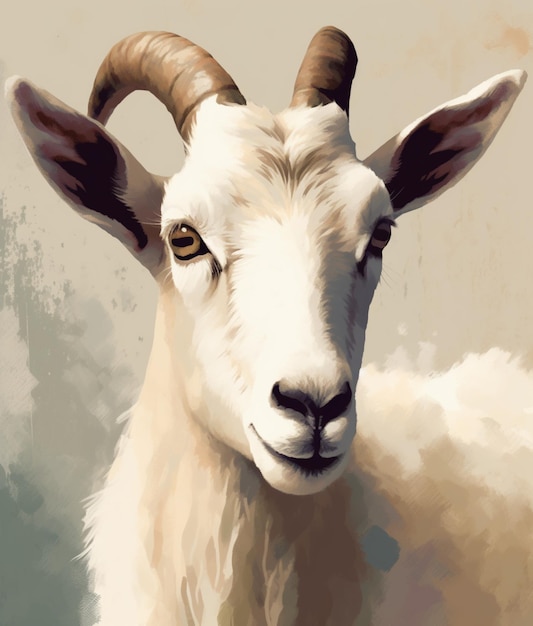 A painting of a goat with large horns and a large horn.