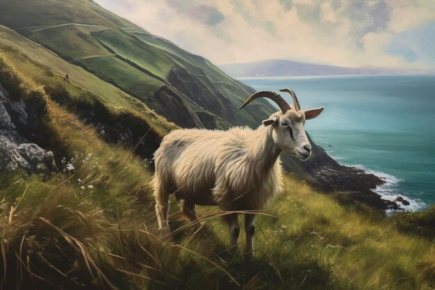 A painting of a goat with long horns stands in a green field.