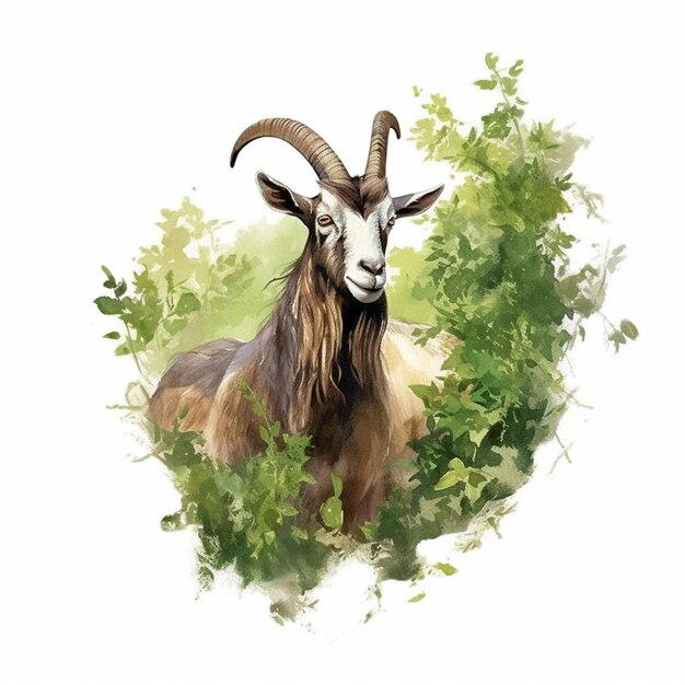 Картина козы с длинными рогами и толстым рогом