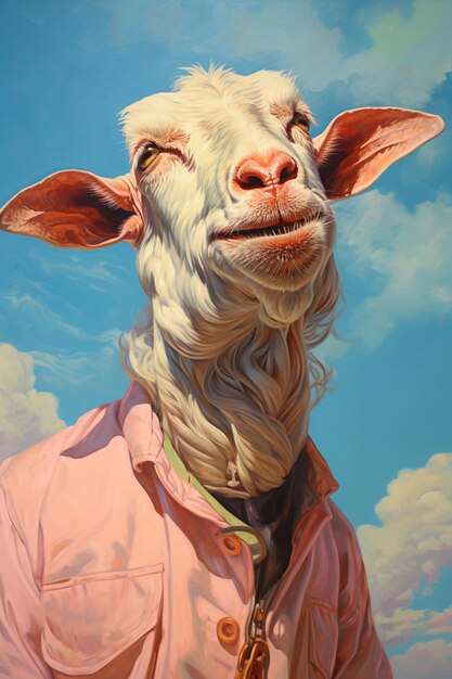 painting of a goat with a pink shirt and a collar generative ai