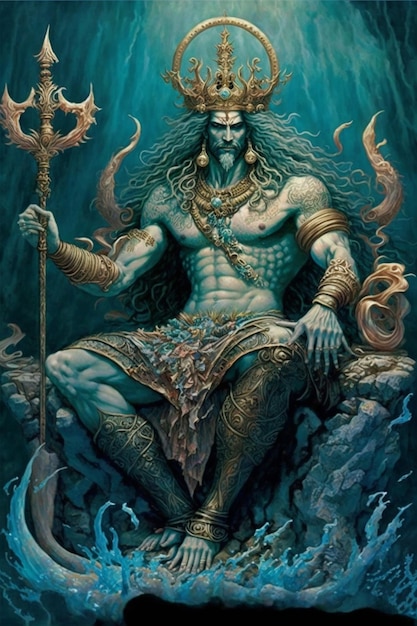 A painting of a god of the sea with a trident on his chest.