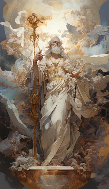 Photo a painting of a god with a gold trumpet and the words  god