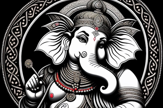 A painting of a god with a red head and a white head and the word ganesh on it.