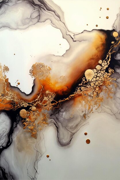 A painting of gold and black liquid swirls