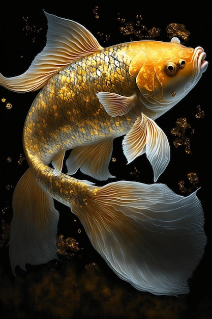 Painting of a gold fish on a black background generative ai