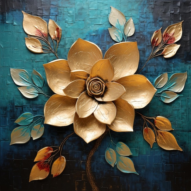 painting of a gold flower with leaves on a blue background generative ai