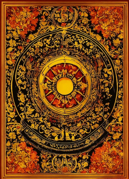 Photo a painting of a gold and red flower with the word  num  on it