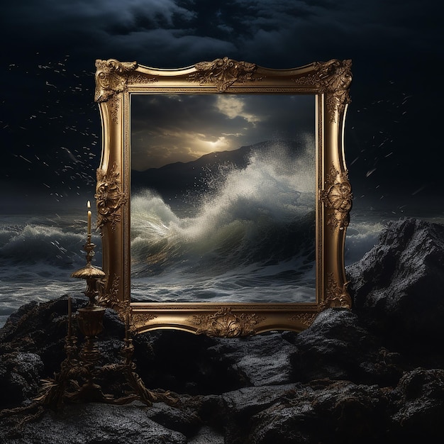 Painting in a golden antique frame on the seashore