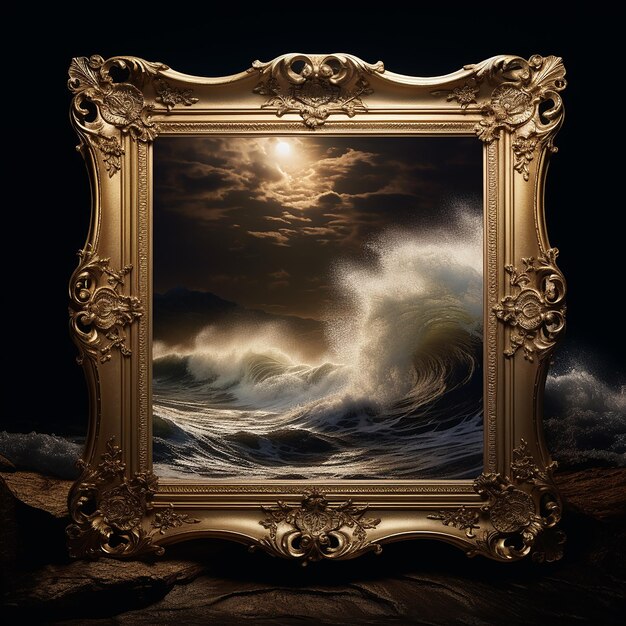 Painting in a golden antique frame on the seashore