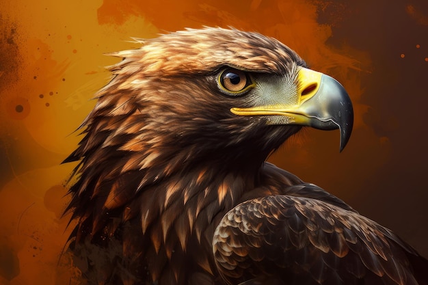 A painting of a golden eagle with a red background and a gold colored background.