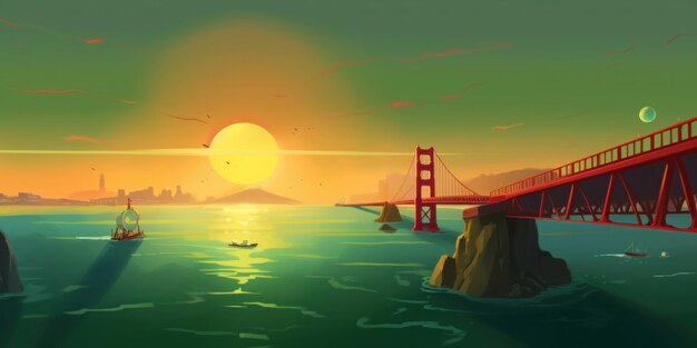 A painting of a golden gate bridge at sunset.