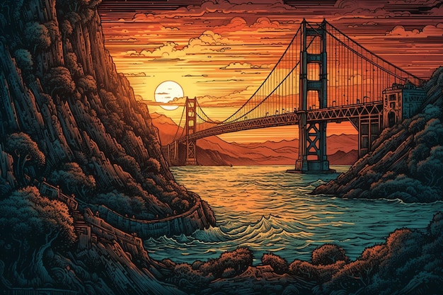 A painting of the golden gate bridge at sunset.