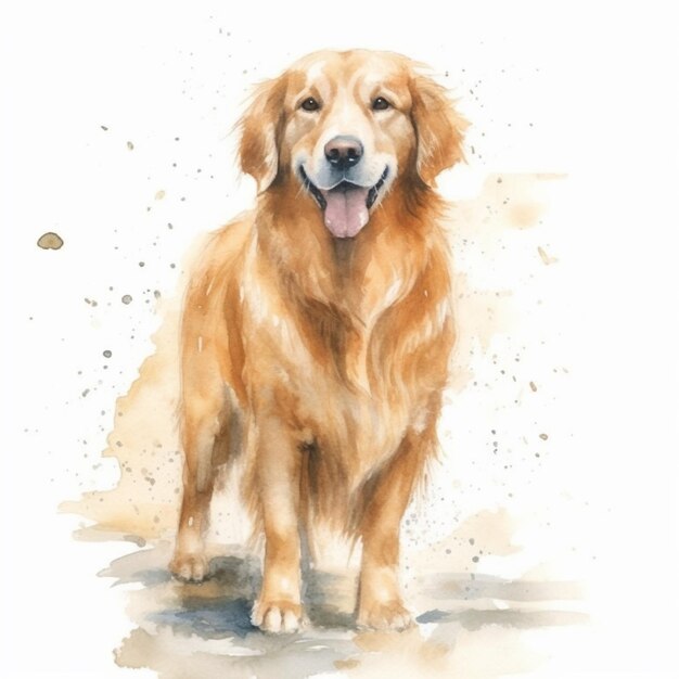 Painting of a golden retriever dog standing in front of a white background generative ai