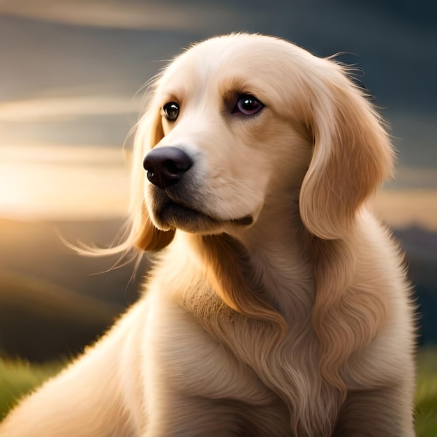 A painting of a golden retriever dog with a cloudy sky in the background.