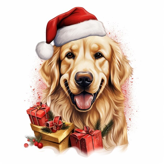 Photo painting of a golden retriever dog with a santa hat and presents generative ai