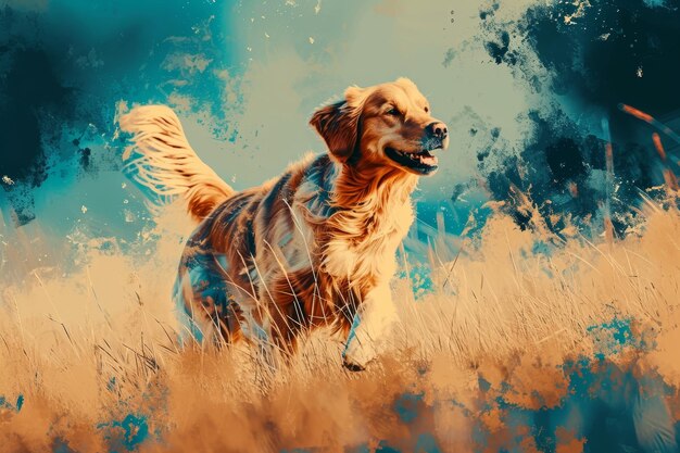 A painting of a golden retriever running through tall grass