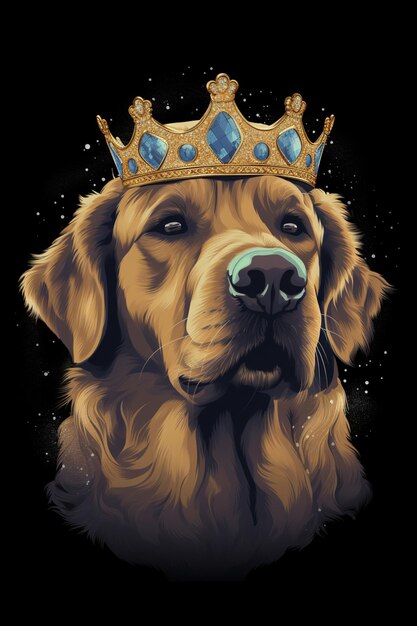 A painting of a golden retriever wearing a crown.