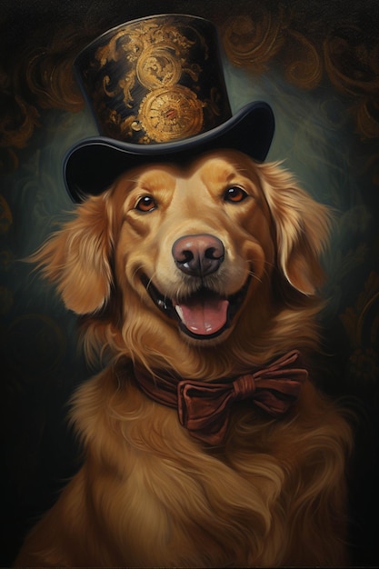 Painting of a golden retriever wearing a top hat and bow tie generative ai