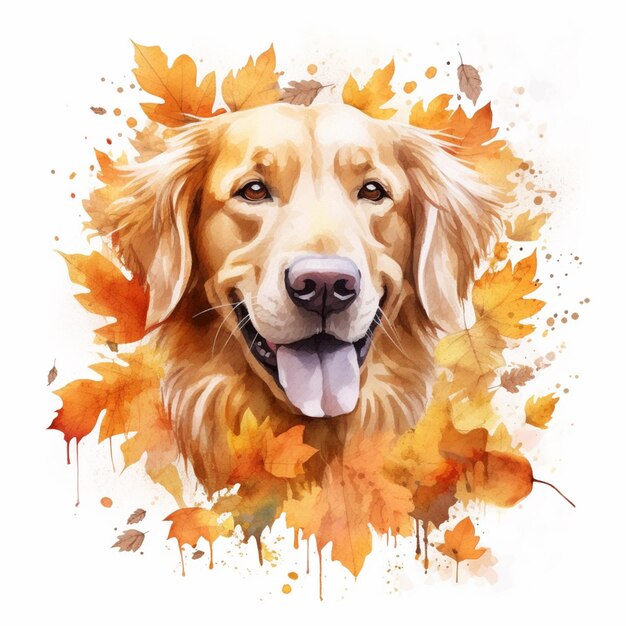 painting of a golden retriever with leaves in the background generative ai