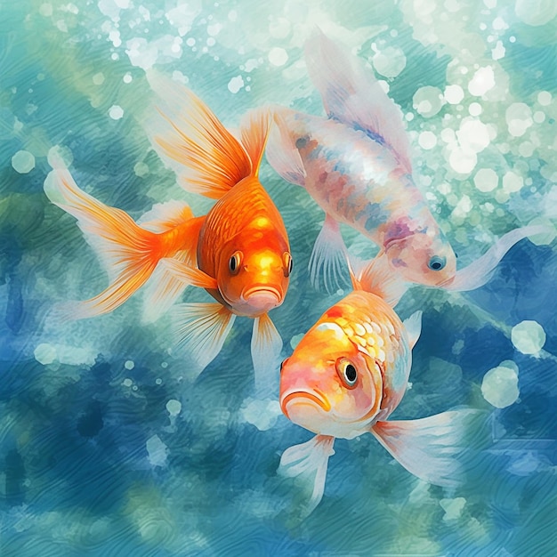 A painting of a goldfish in blue water