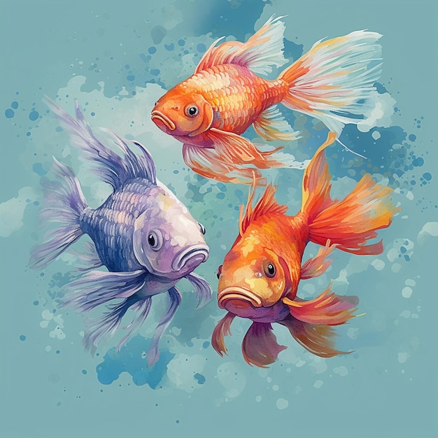 A painting of a goldfish in blue water