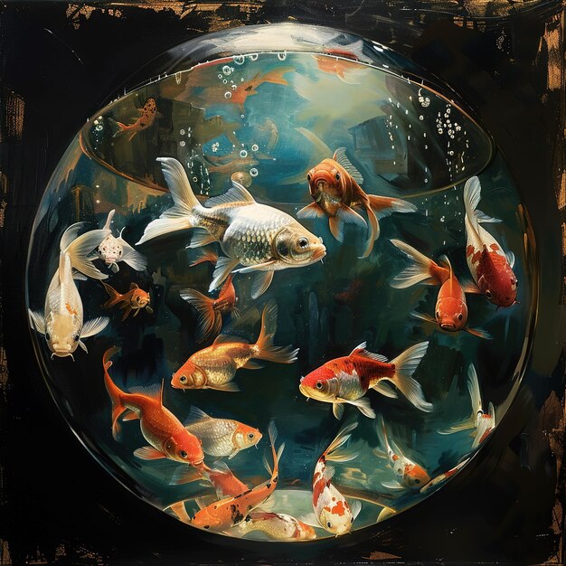 a painting of goldfish in a fish tank