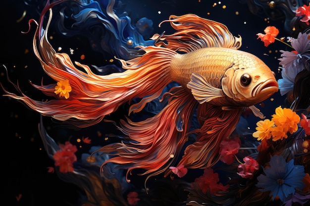A painting of a goldfish in a pond of flowers Generative AI image