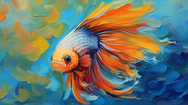 A painting of a goldfish with blue and yellow colors.