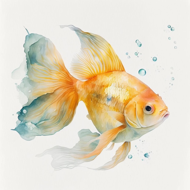 A painting of a goldfish with blue and yellow feathers