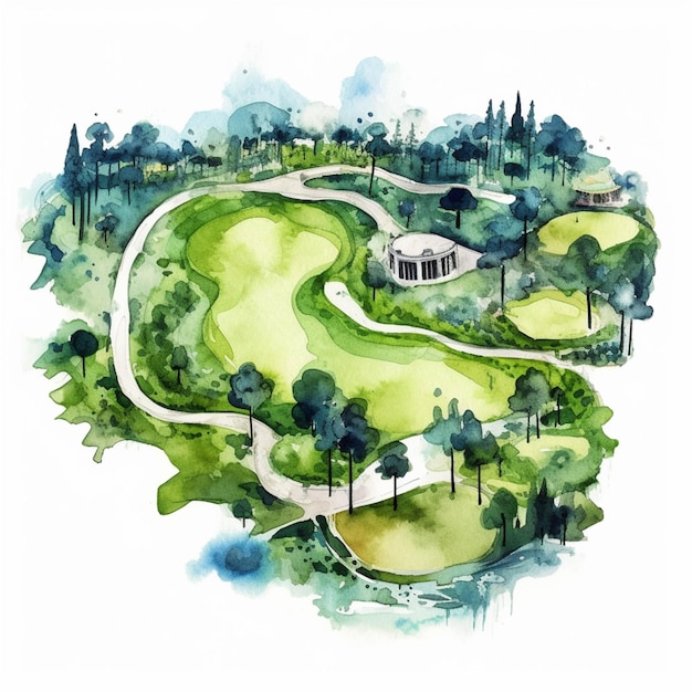 Картина поля для гольфа с зеленым и белым домами, генеративным искусственным интеллектом