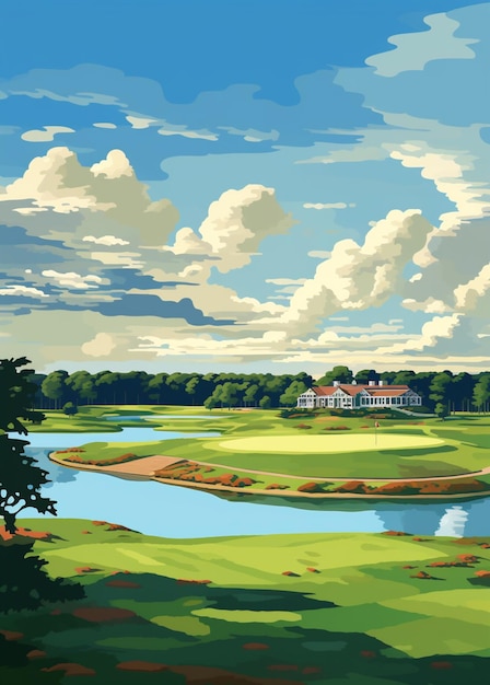 Painting of a golf course with a lake and a house generative ai