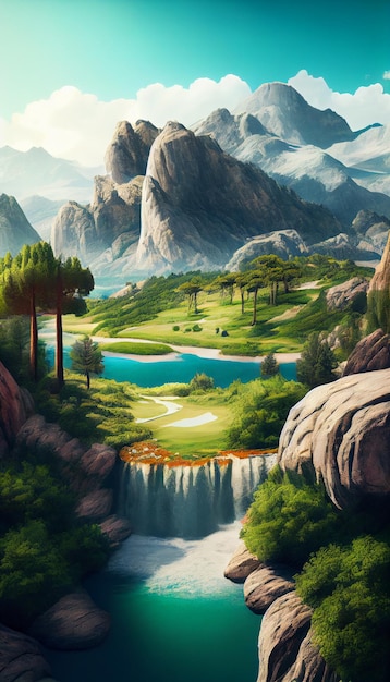 Painting of a golf course with mountains in the background generative ai