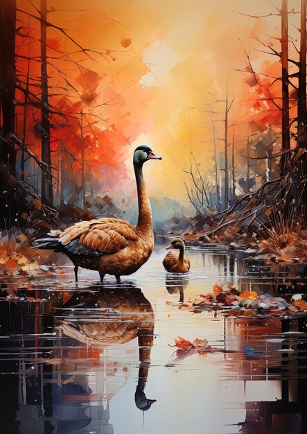 Photo a painting of a goose and a duck in a forest